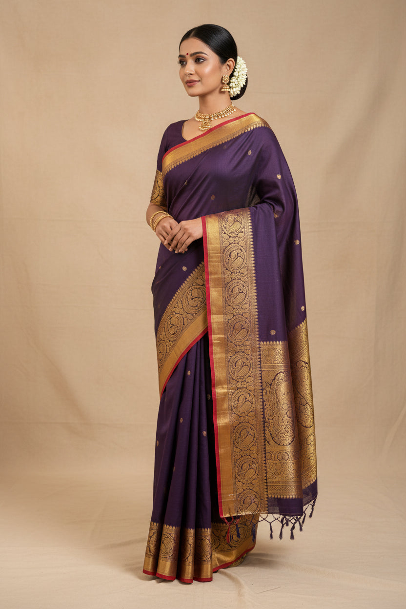 Kanchi Cotton Saree - Deep Purple with Antique Gold Zari Border