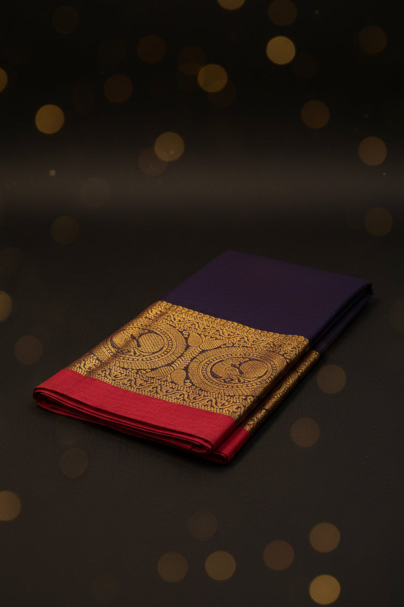 Kanchi Cotton Saree - Deep Purple with Antique Gold Zari Border