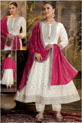 White and Pink 3-Piece Anarkali Set with Scallop Border Dupatta| Festive Collection
