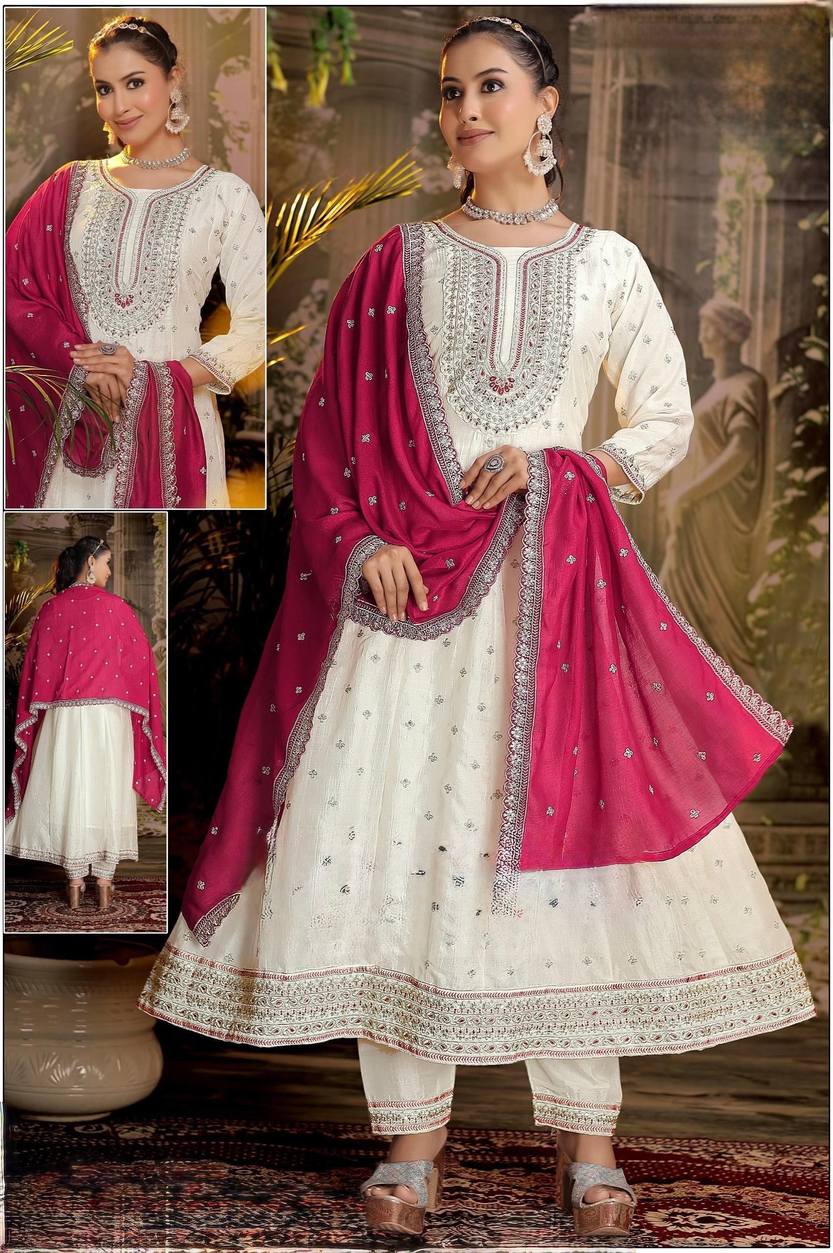 White and Pink 3-Piece Anarkali Set with Scallop Border Dupatta| Festive Collection