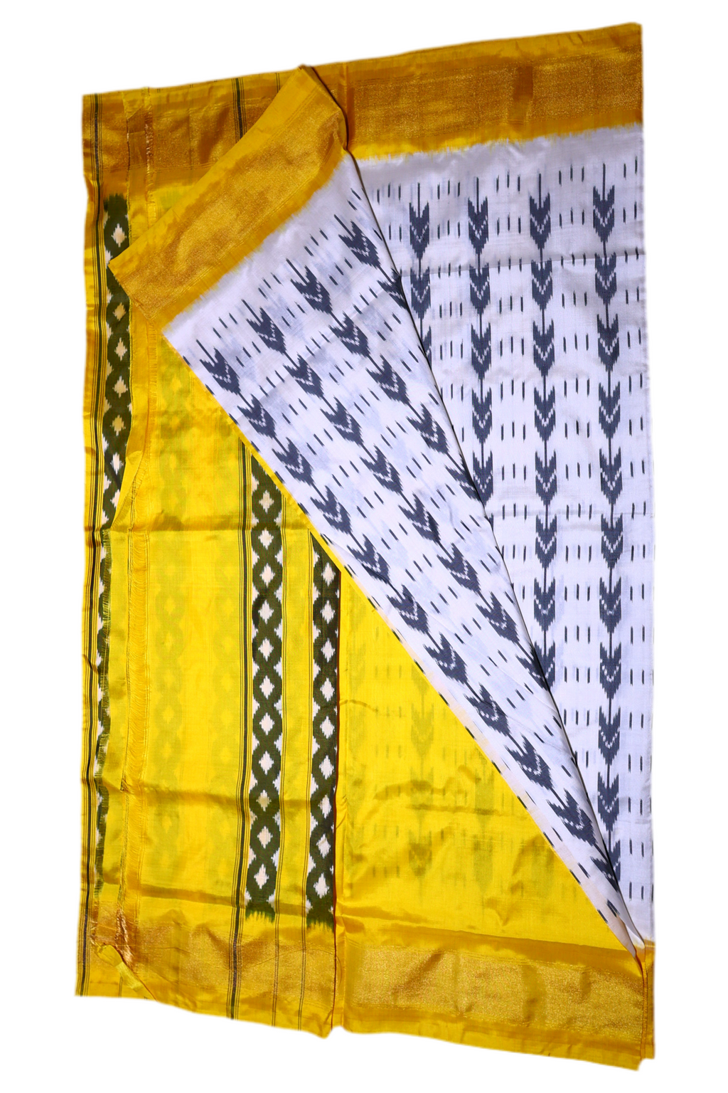 Yellow fabric with black chain pattern and white fabric with black floral pattern on a white background