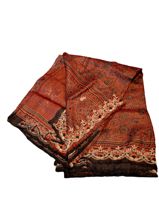 Pure Handloom Ajrakh Tassar with self maggam work saree