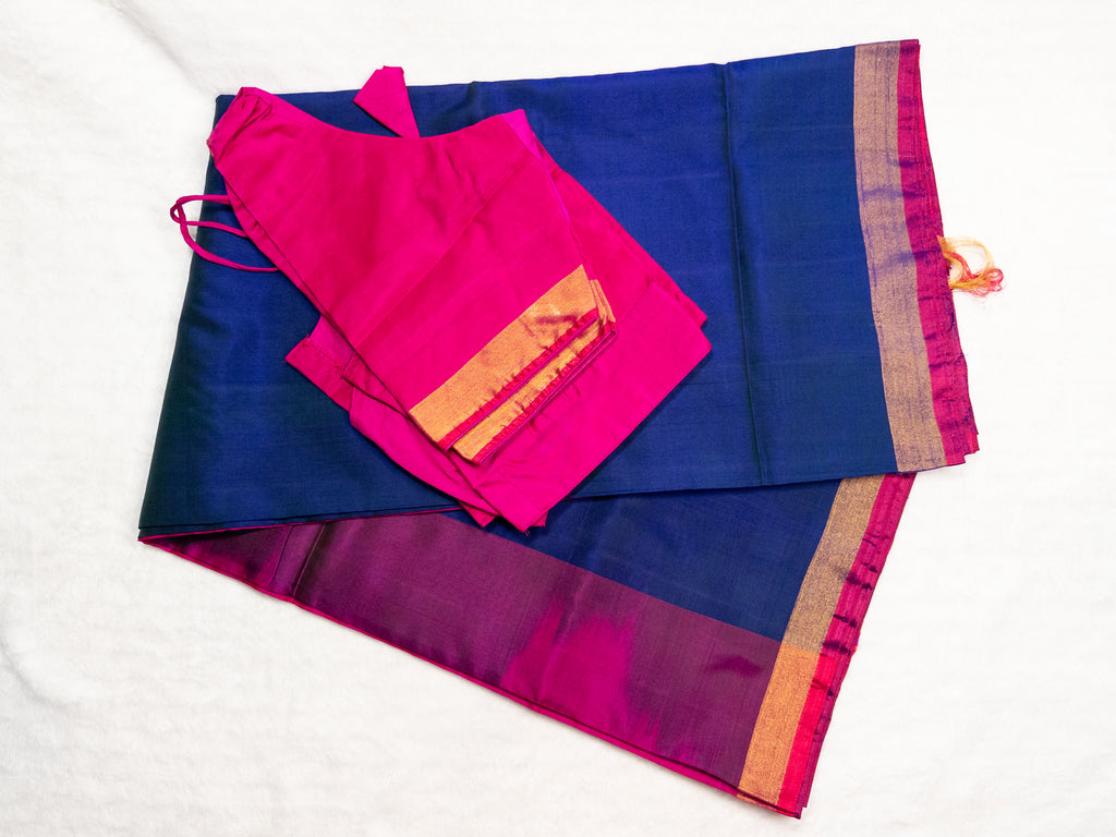 Pink and Peacock Blue Handloom Uppada Saree with Ready-to-Wear Puff Sleeve Blouse