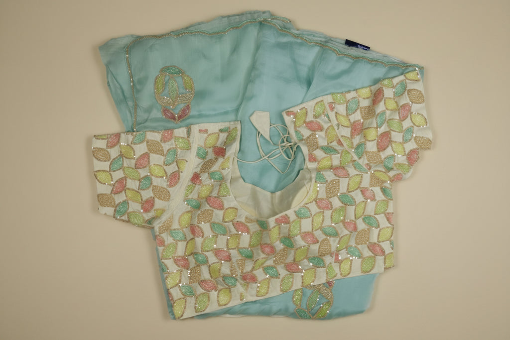 Kolkata Designer Party Wear Saree with Handmade Real Beads Crystal Blouse