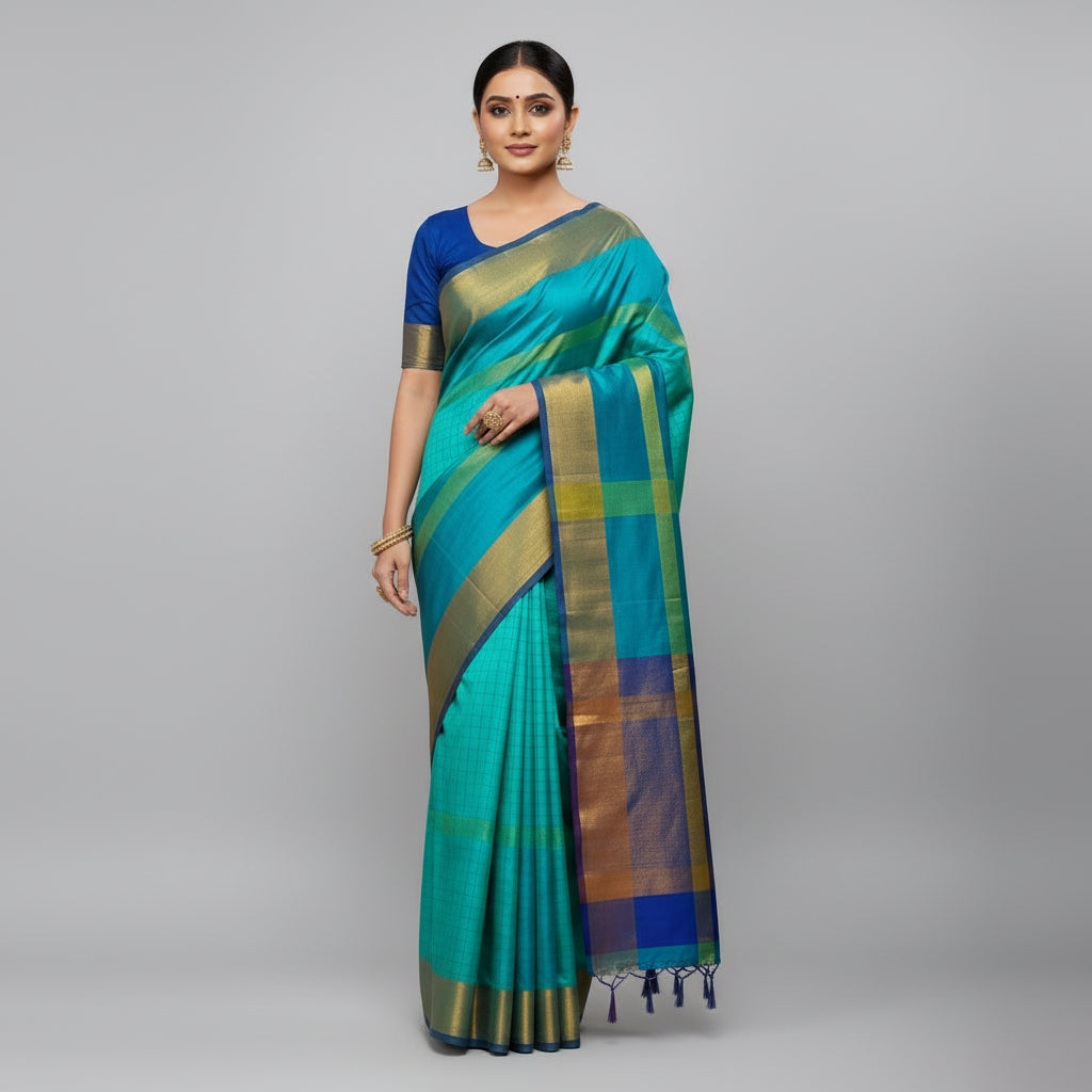 Handloom Uppada Pattu Checks Saree with Ready-to-Wear Stitched Blouse