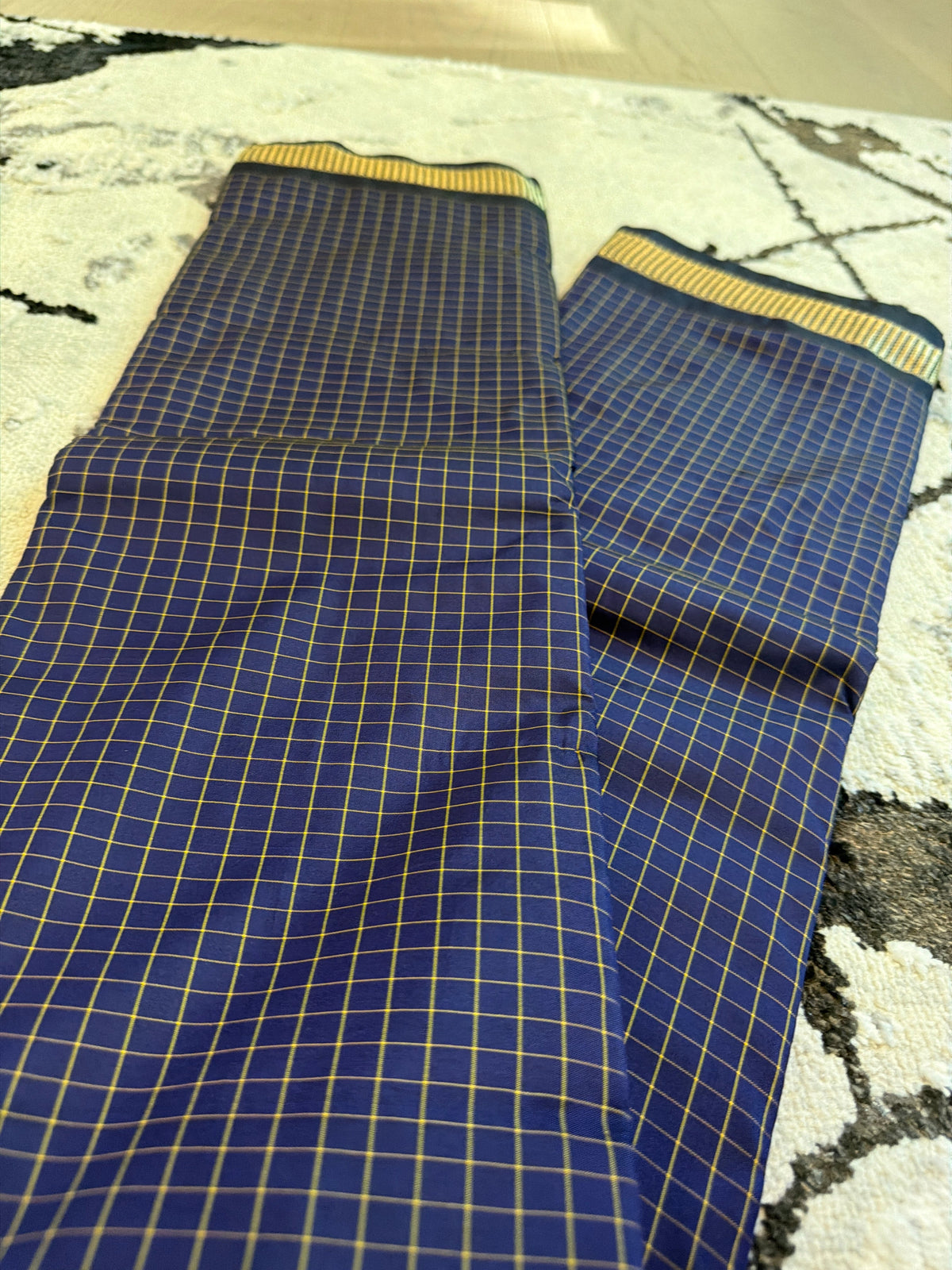 Kanchi Cotton Saree - Navy Blue with Gold Checks