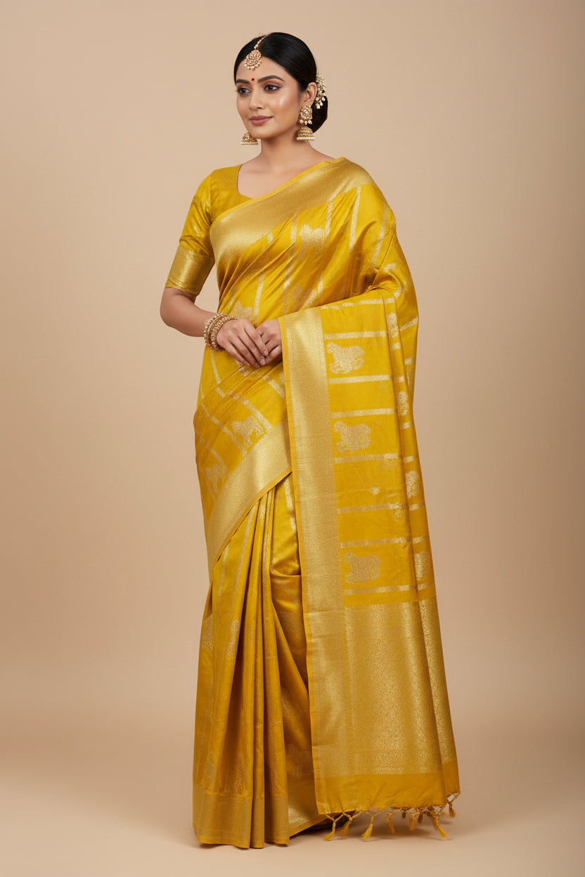 Bridal Haldi Banarasi Rangkat Saree - Pure Munga Silk for Wedding Ceremonies