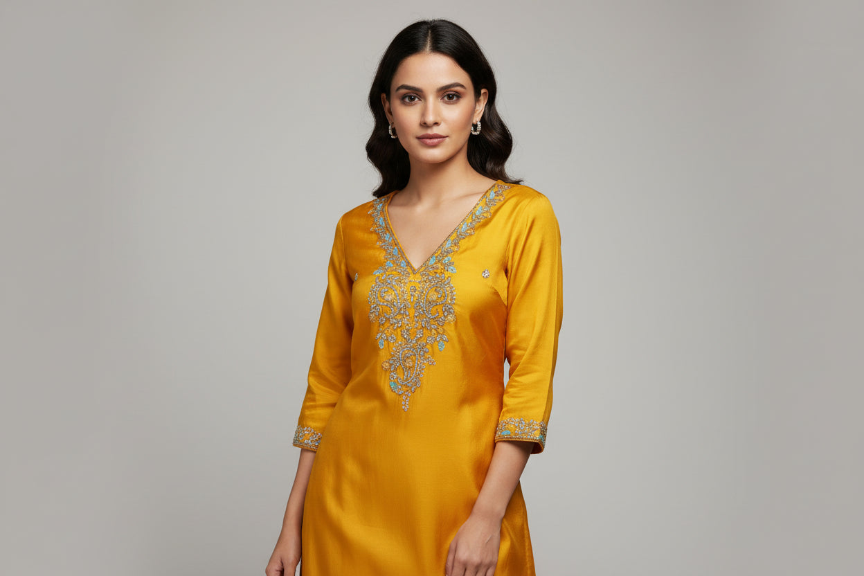 Mustard Yellow 3-Piece Party Wear Dress with Hand-Crafted Maggam Work