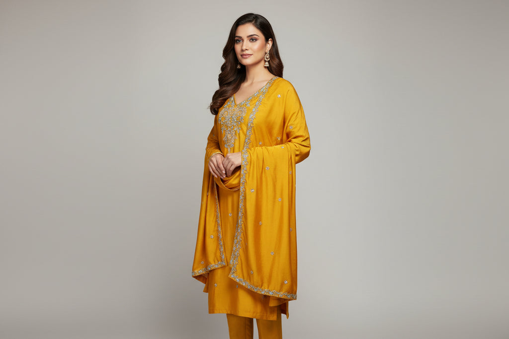 Mustard Yellow 3-Piece Party Wear Dress with Hand-Crafted Maggam Work
