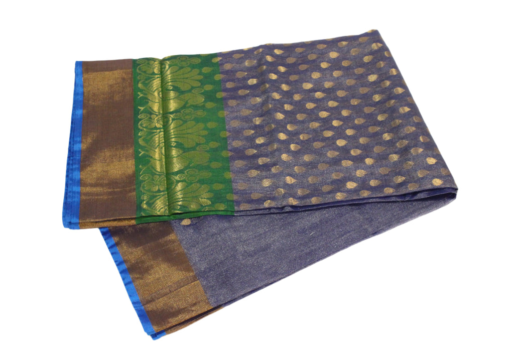 Gray and Green Handloom Uppada Pattu Tissue Saree - Elegant Dual Tone