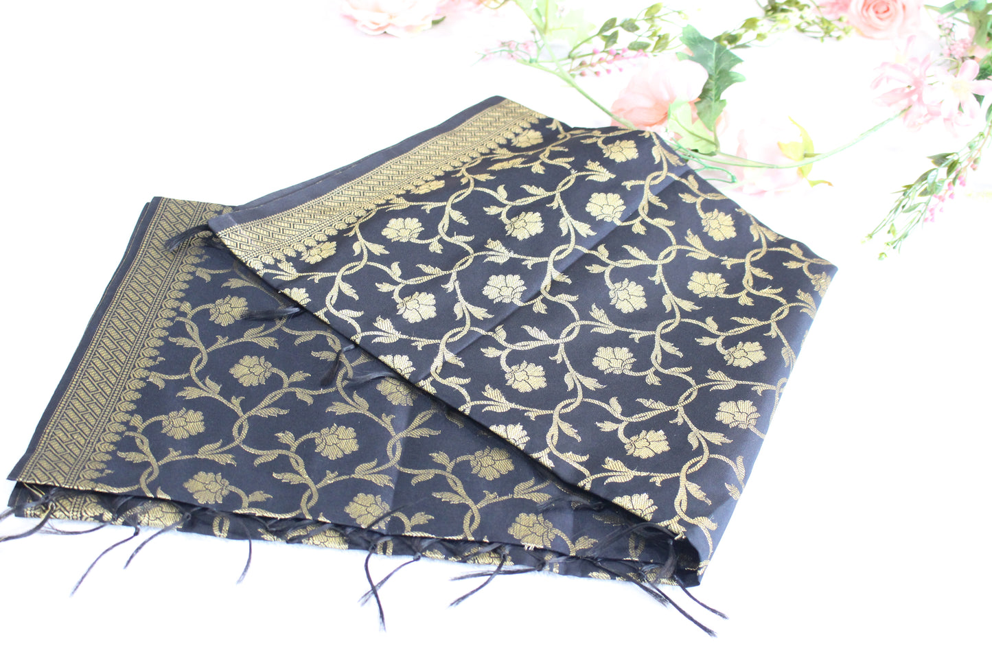 Party wear in Gray color with an elegant gold Banarasi dupatta.