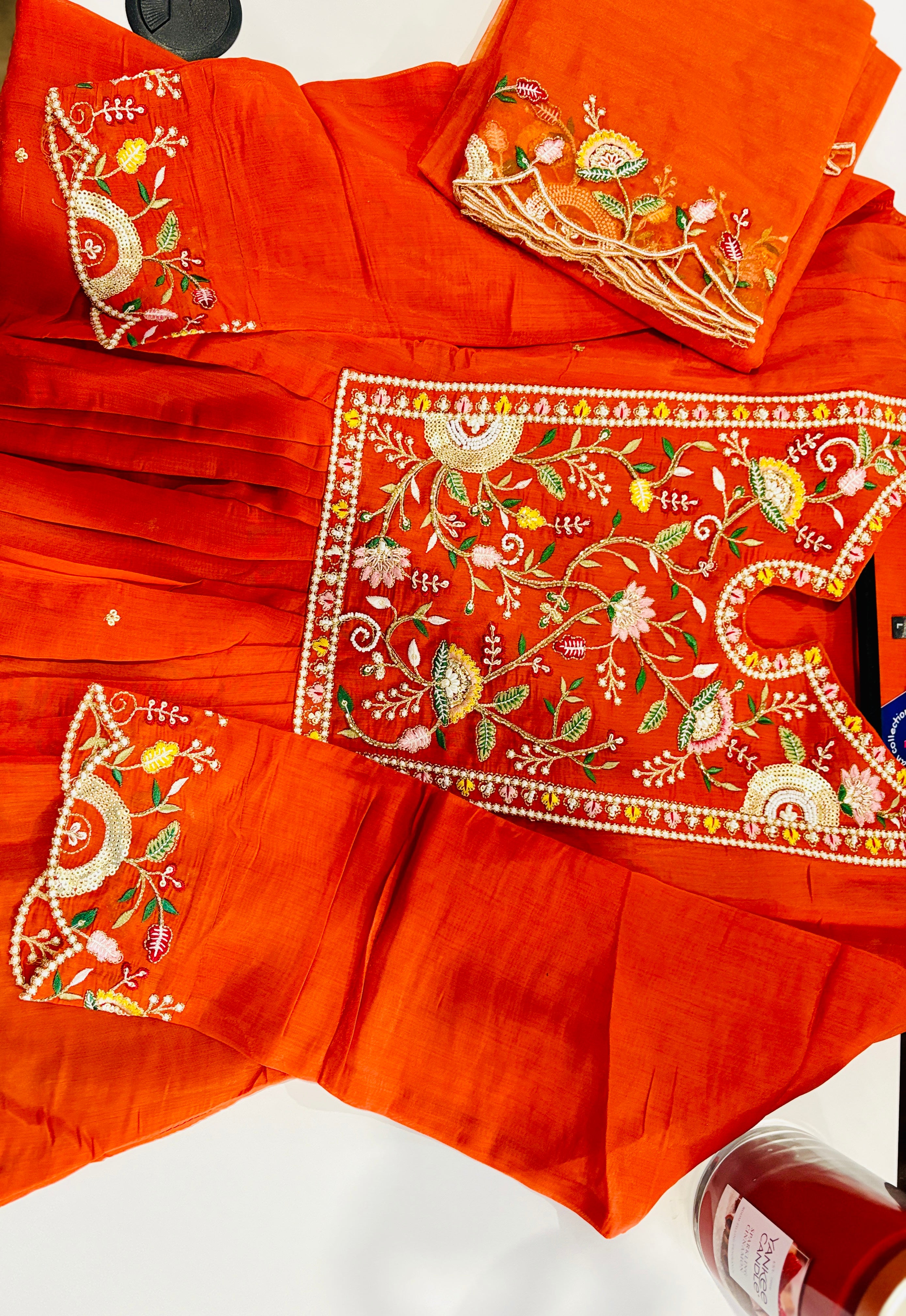 Sunset Orange Mul Chanderi Silk Floral Dress | Hand-Crafted & All Sizes