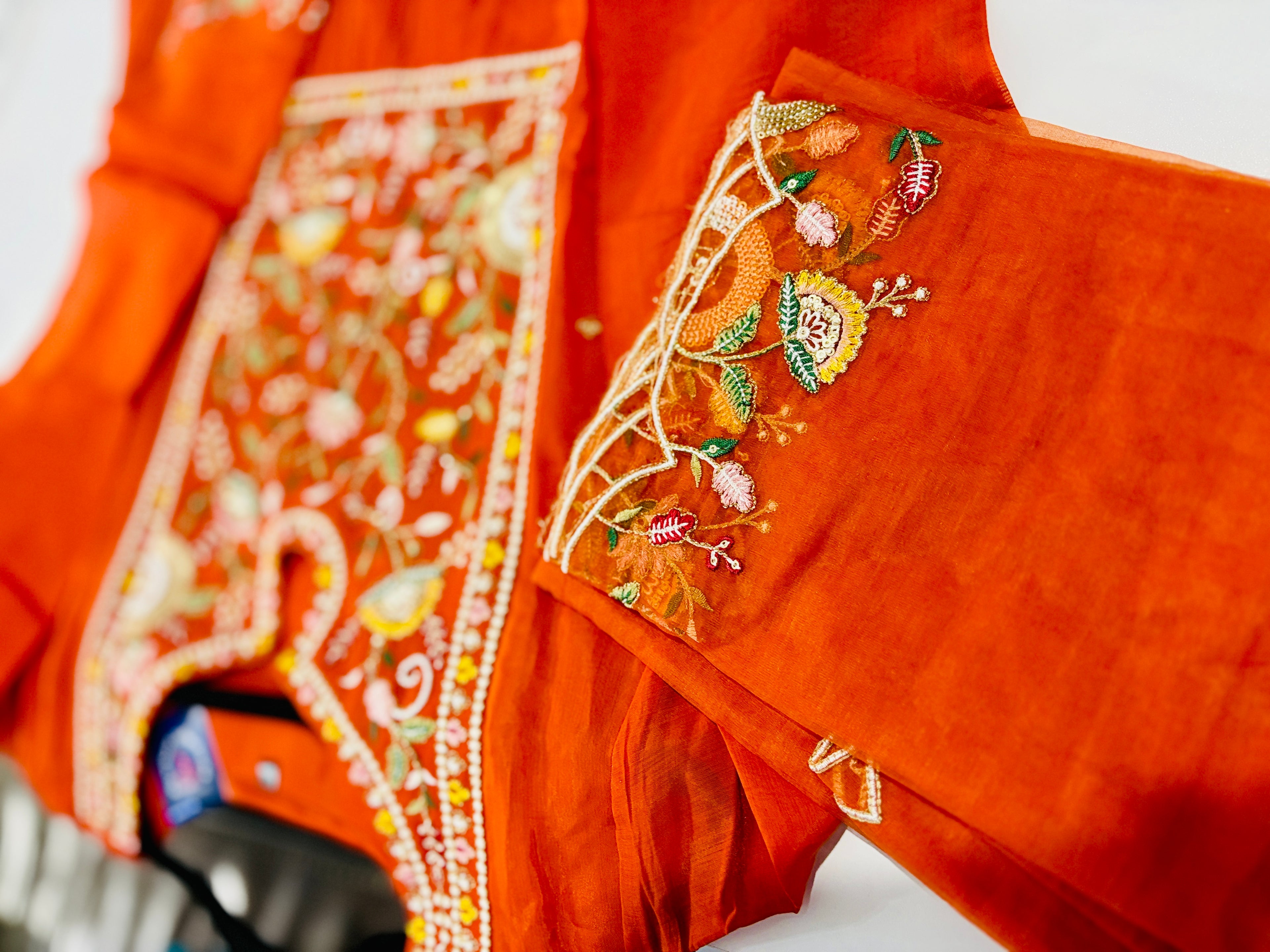 Sunset Orange Mul Chanderi Silk Floral Dress | Hand-Crafted & All Sizes