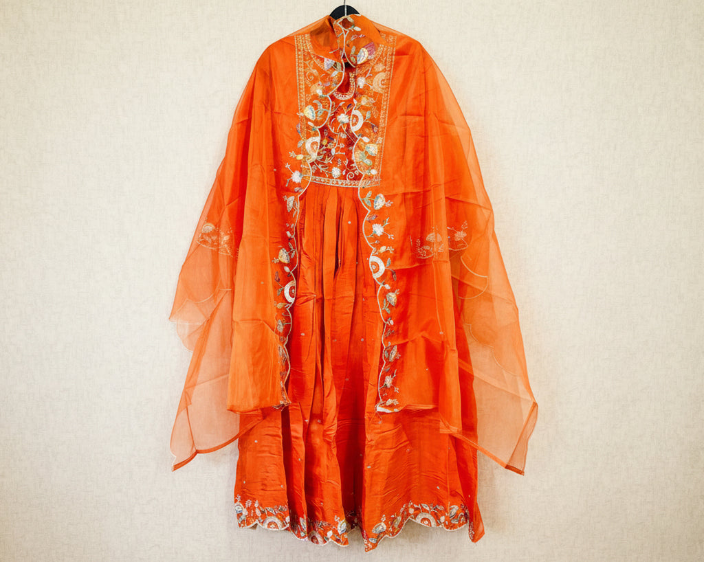 Sunset Orange Mul Chanderi Silk Floral Dress | Hand-Crafted & All Sizes