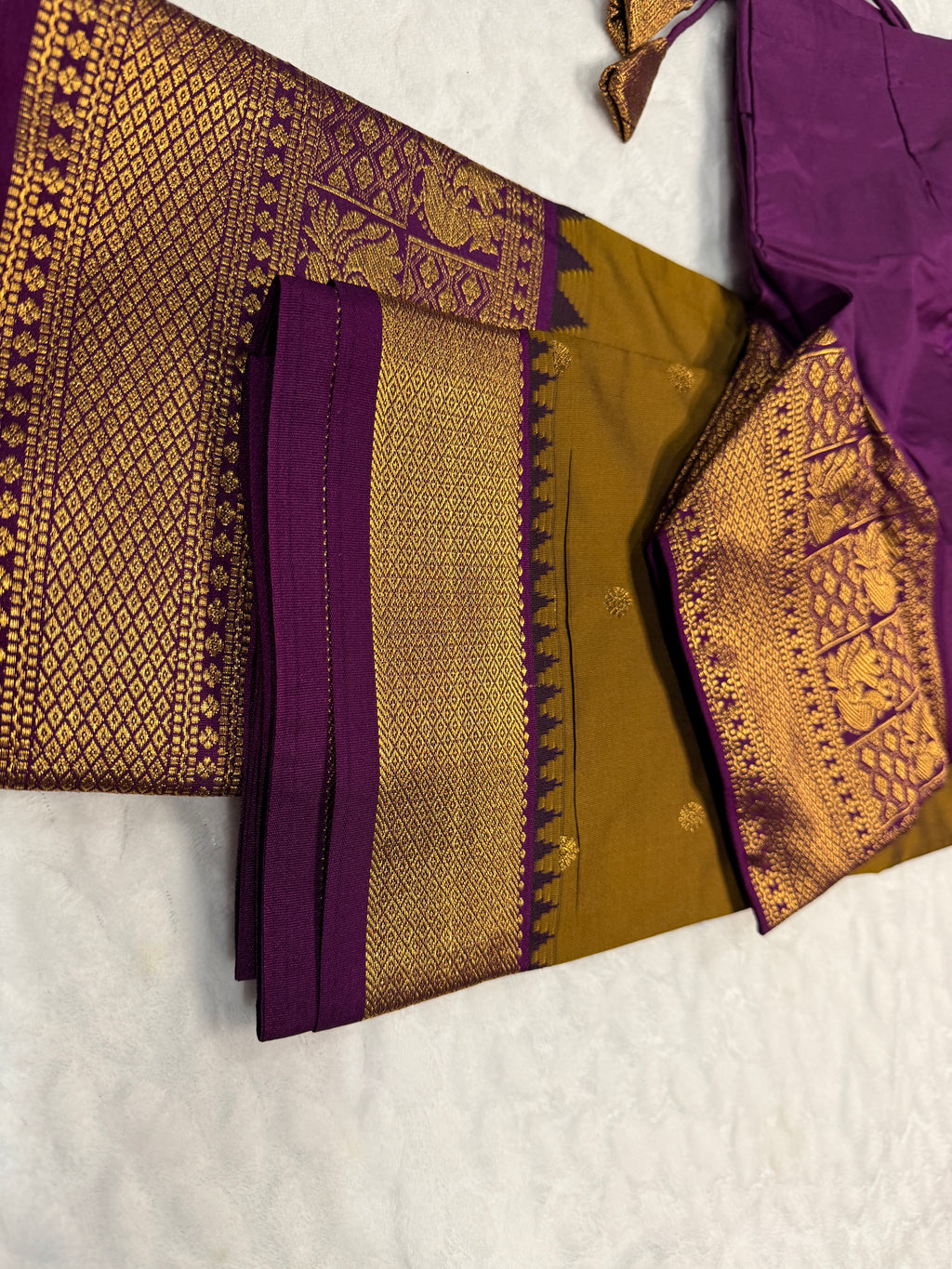 Festive Mustard Yellow & Purple Gadwal Pattu Saree with Kanchi Border | Ready-to-Wear Blouse Included