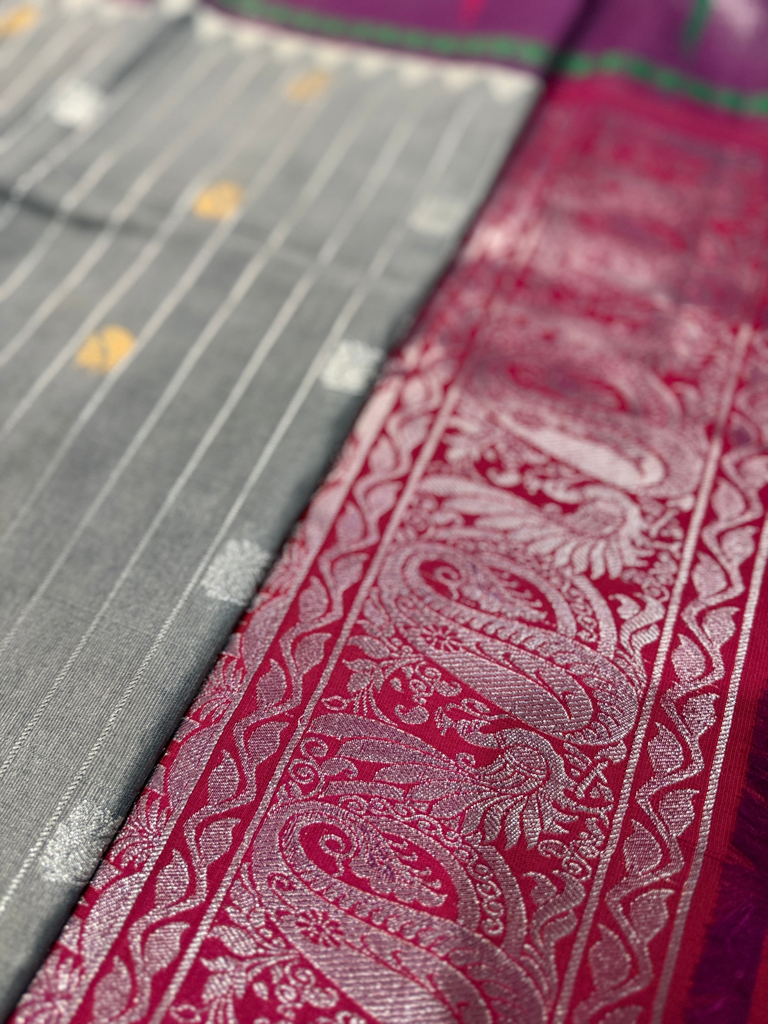 Festive Gray & Pink Gadwal Pattu Saree with Paithani Border | Ready-to-Wear Blouse Included"