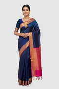 Pink and Peacock Blue Handloom Uppada Saree with Ready-to-Wear Puff Sleeve Blouse