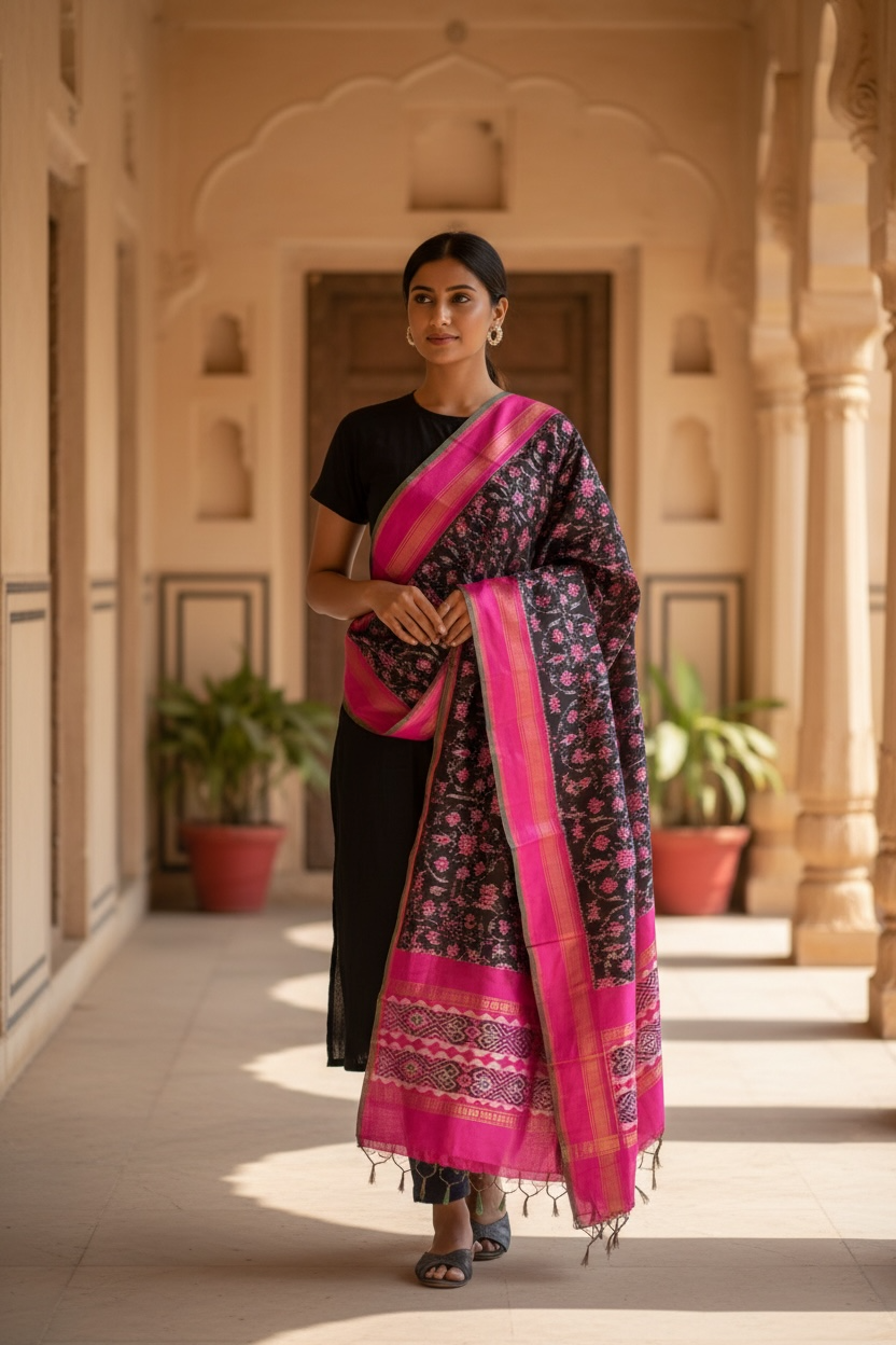 Handloom Pochampally Ikkat Pattu Dupatta - Premium Silk