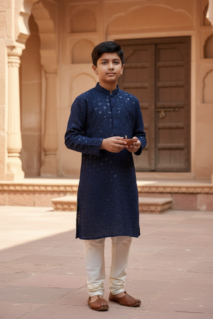 Boys Kurta Pajama Set - chickenkari sequence - Traditional Ethnic Wear