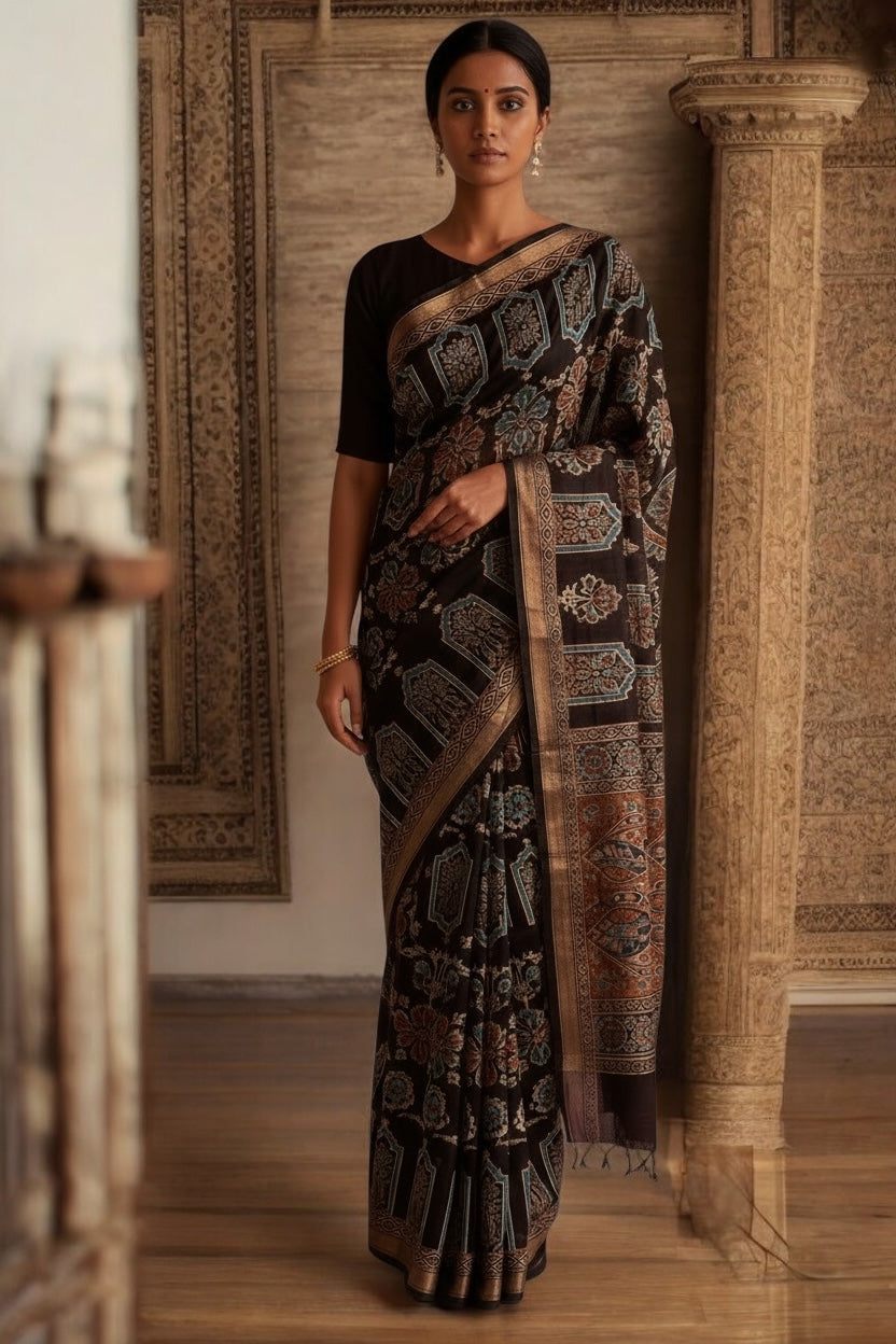 Handloom Mangalagiri Ajrakh Saree with Running Blouse - Artisan Crafted