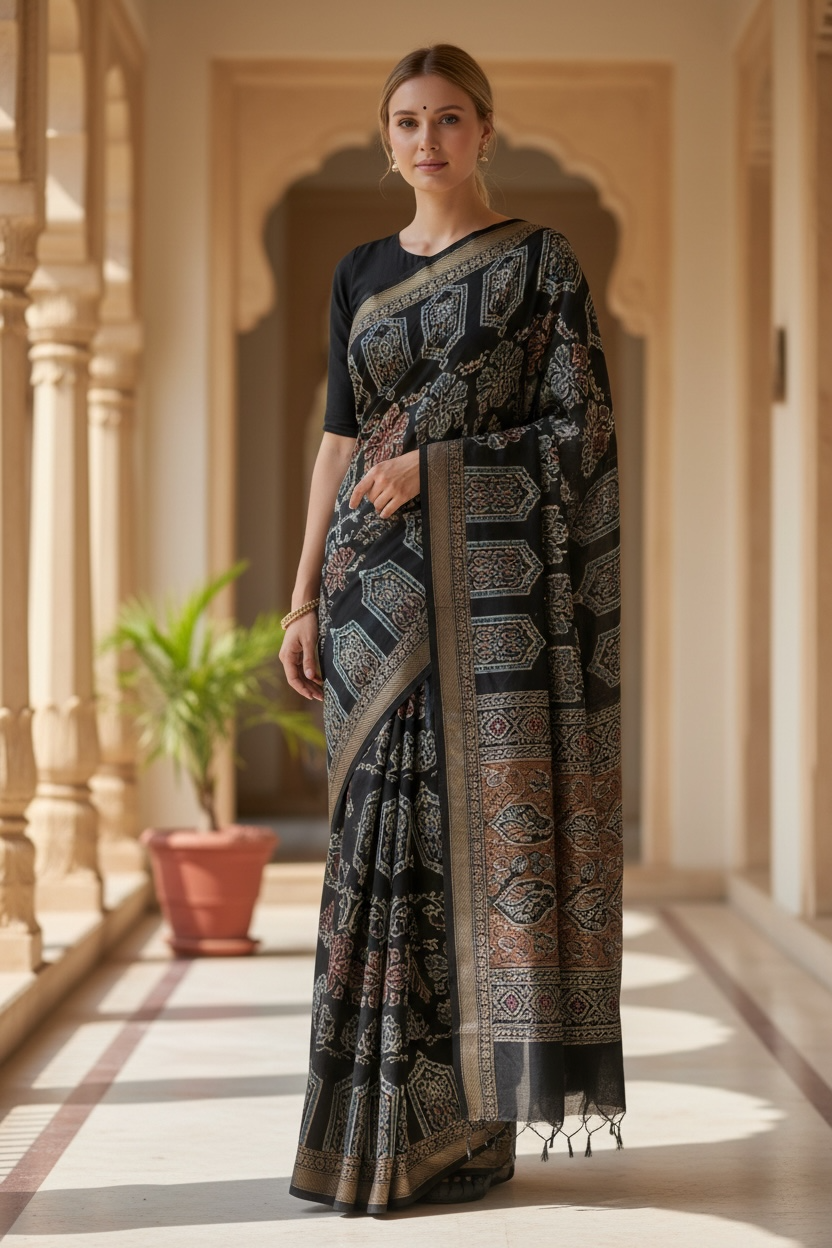 Handloom Mangalagiri Ajrakh Saree with Running Blouse - Artisan Crafted