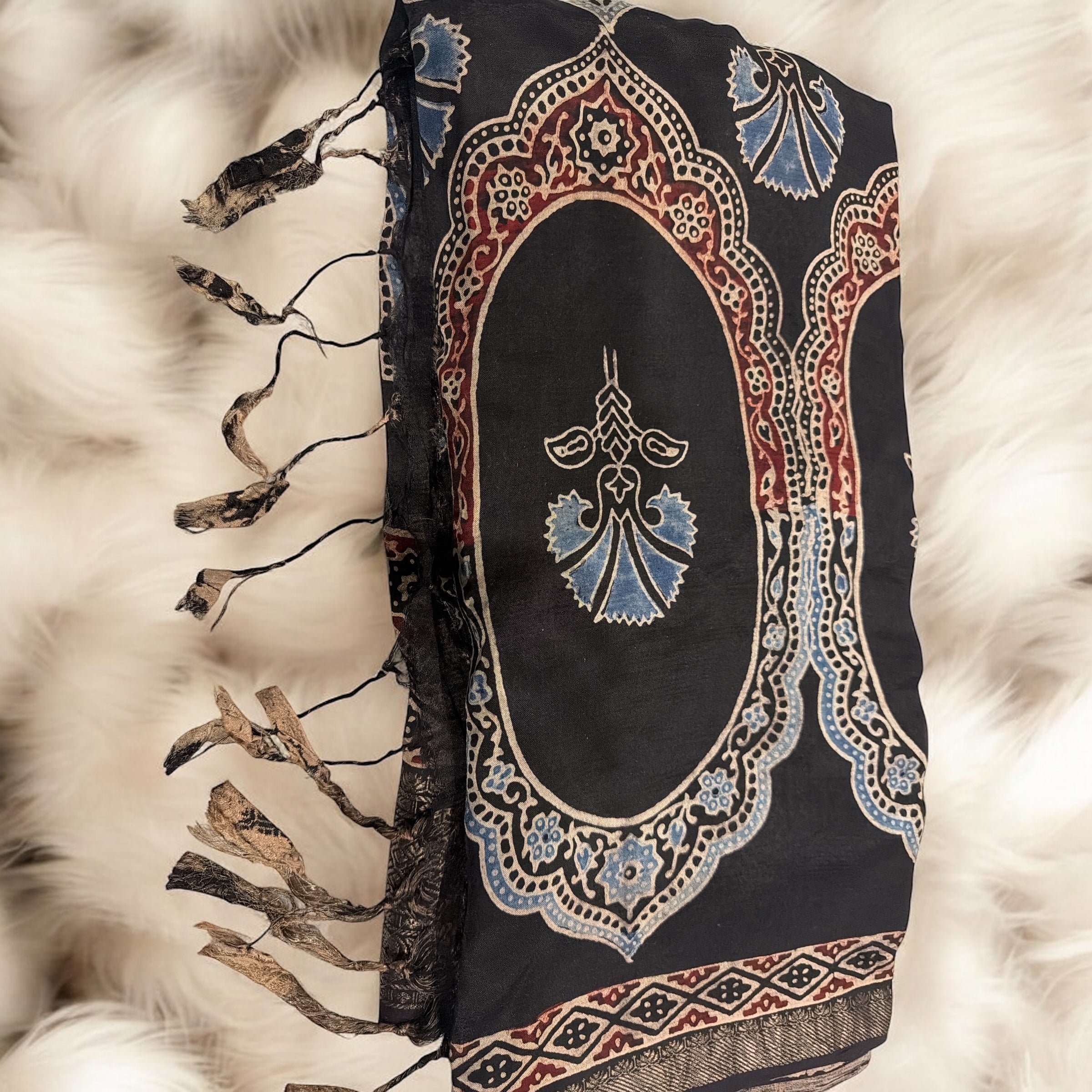 Handloom Mangalagiri Ajrakh Saree with Running Blouse - Artisan Crafted