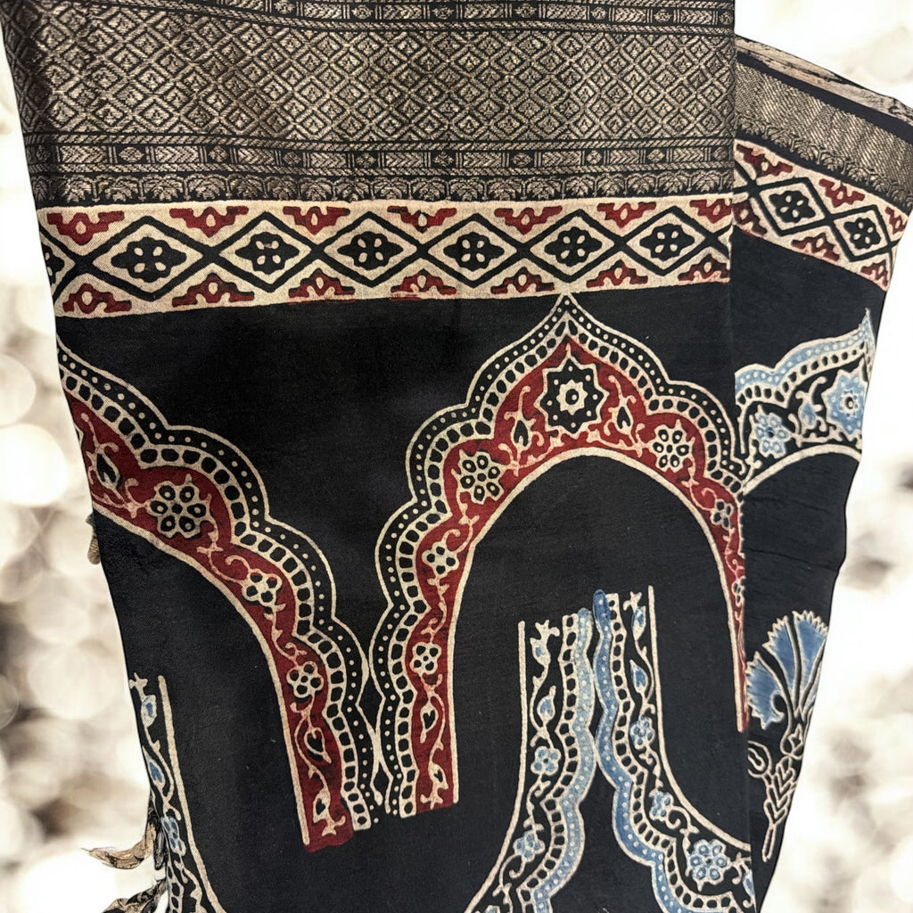 Handloom Mangalagiri Ajrakh Saree with Running Blouse - Artisan Crafted