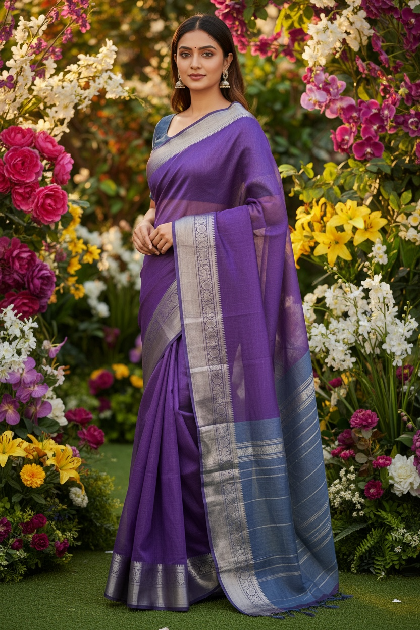 Purple and gray combination of Handloom Mangalagiri saree