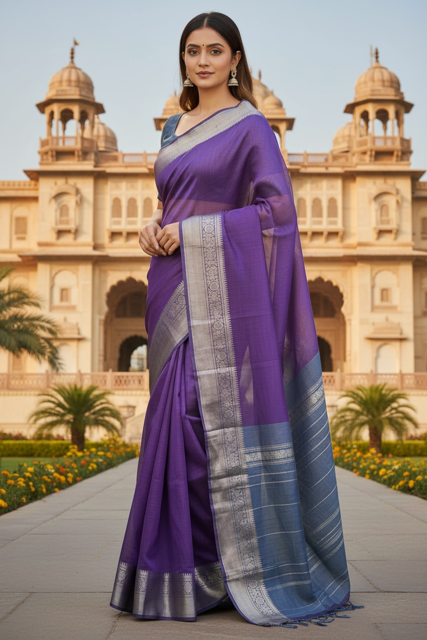Purple and gray combination of Handloom Mangalagiri saree