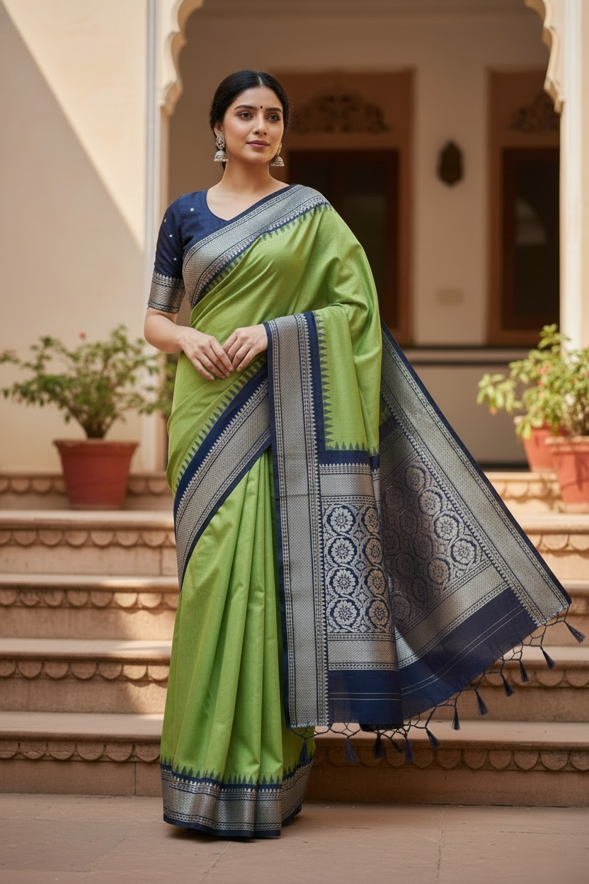 Peacock Green & Navy Blue Gadwal Pattu Saree | One Size Ready-to-Wear Blouse Included