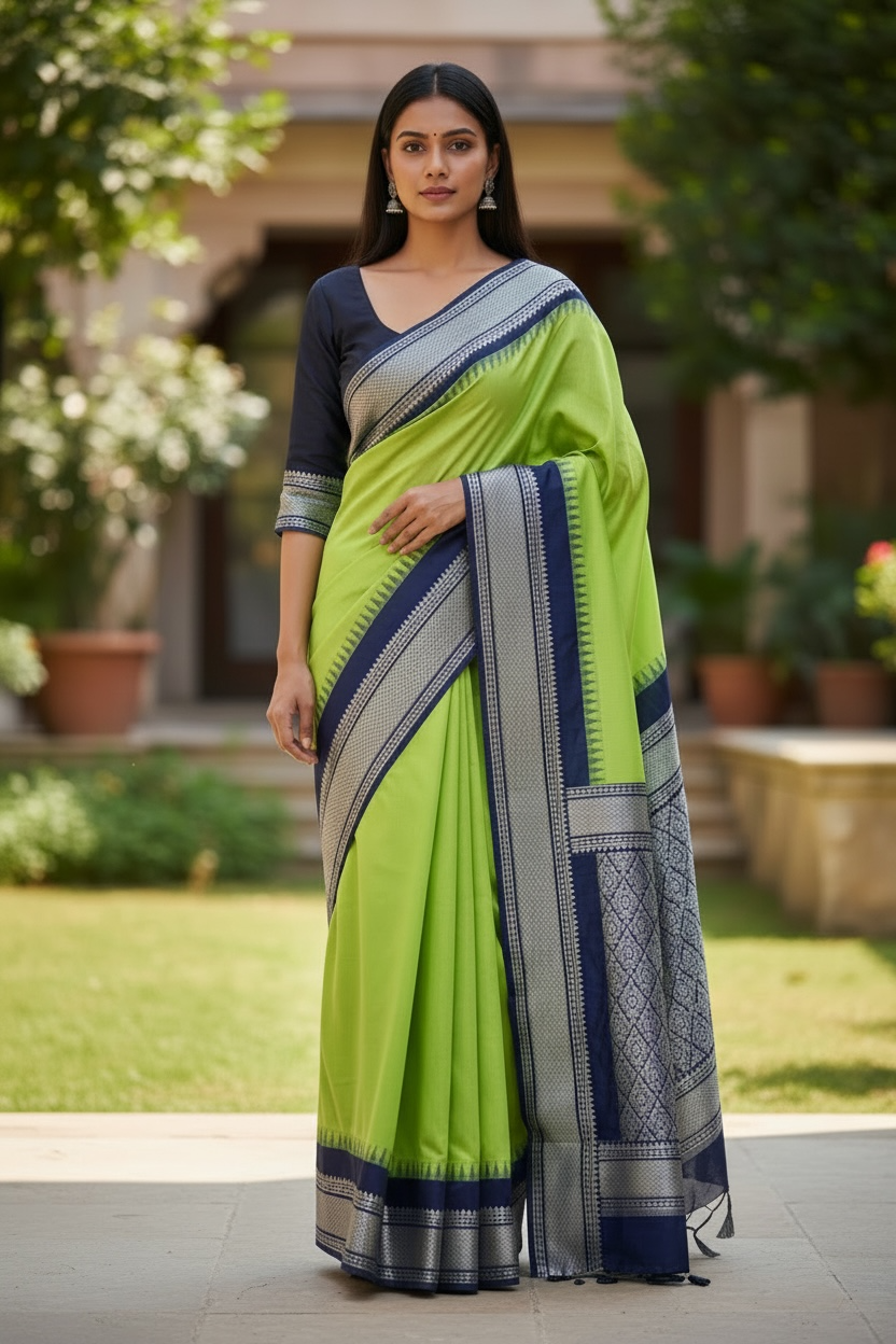 Peacock Green & Navy Blue Gadwal Pattu Saree | One Size Ready-to-Wear Blouse Included