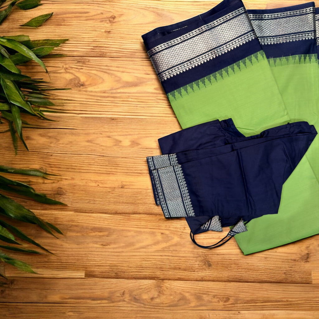 Peacock Green & Navy Blue Gadwal Pattu Saree | One Size Ready-to-Wear Blouse Included