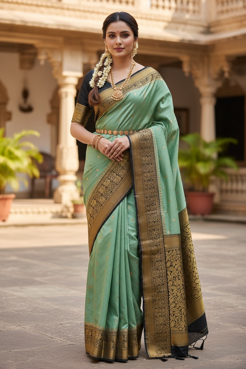 Festive Green & Black Gadwal Pattu Saree with Kanchi Border | Ready-to-Wear Blouse Included
