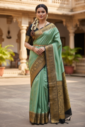 Festive Green & Black Gadwal Pattu Saree with Kanchi Border | Ready-to-Wear Blouse Included