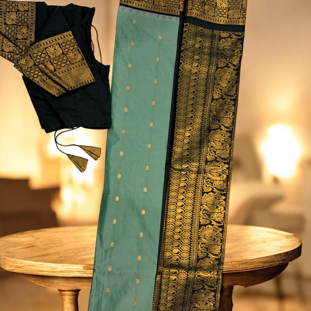 Festive Green & Black Gadwal Pattu Saree with Kanchi Border | Ready-to-Wear Blouse Included