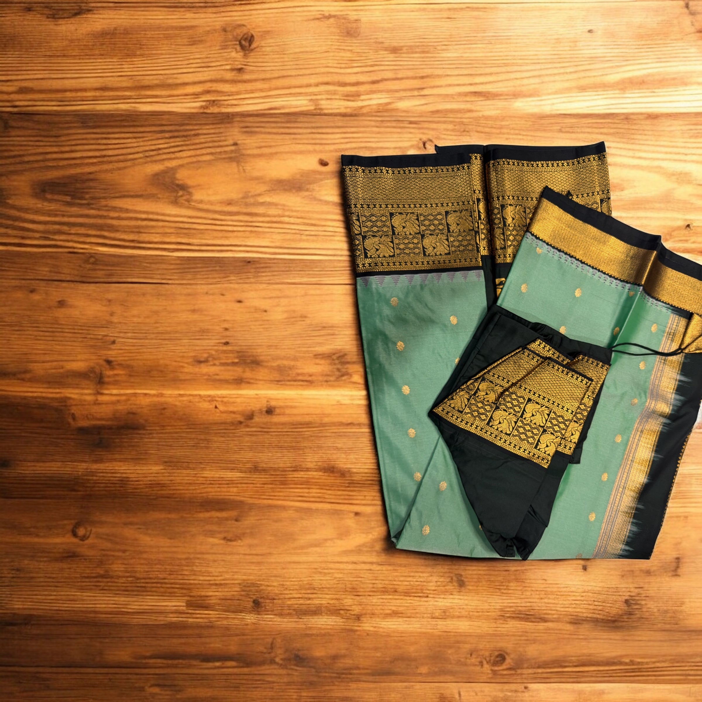 Festive Green & Black Gadwal Pattu Saree with Kanchi Border | Ready-to-Wear Blouse Included