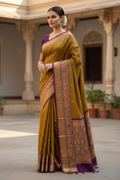 Festive Mustard Yellow & Purple Gadwal Pattu Saree with Kanchi Border | Ready-to-Wear Blouse Included