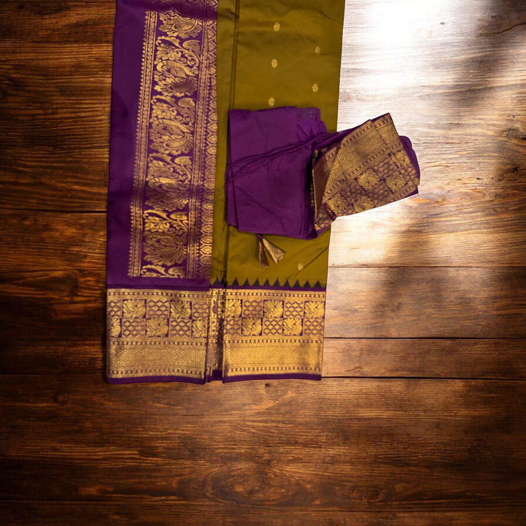 Festive Mustard Yellow & Purple Gadwal Pattu Saree with Kanchi Border | Ready-to-Wear Blouse Included