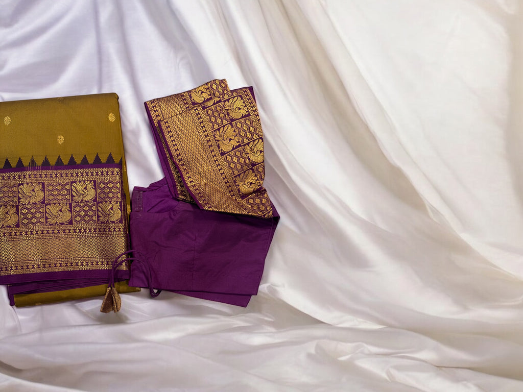 Festive Mustard Yellow & Purple Gadwal Pattu Saree with Kanchi Border | Ready-to-Wear Blouse Included