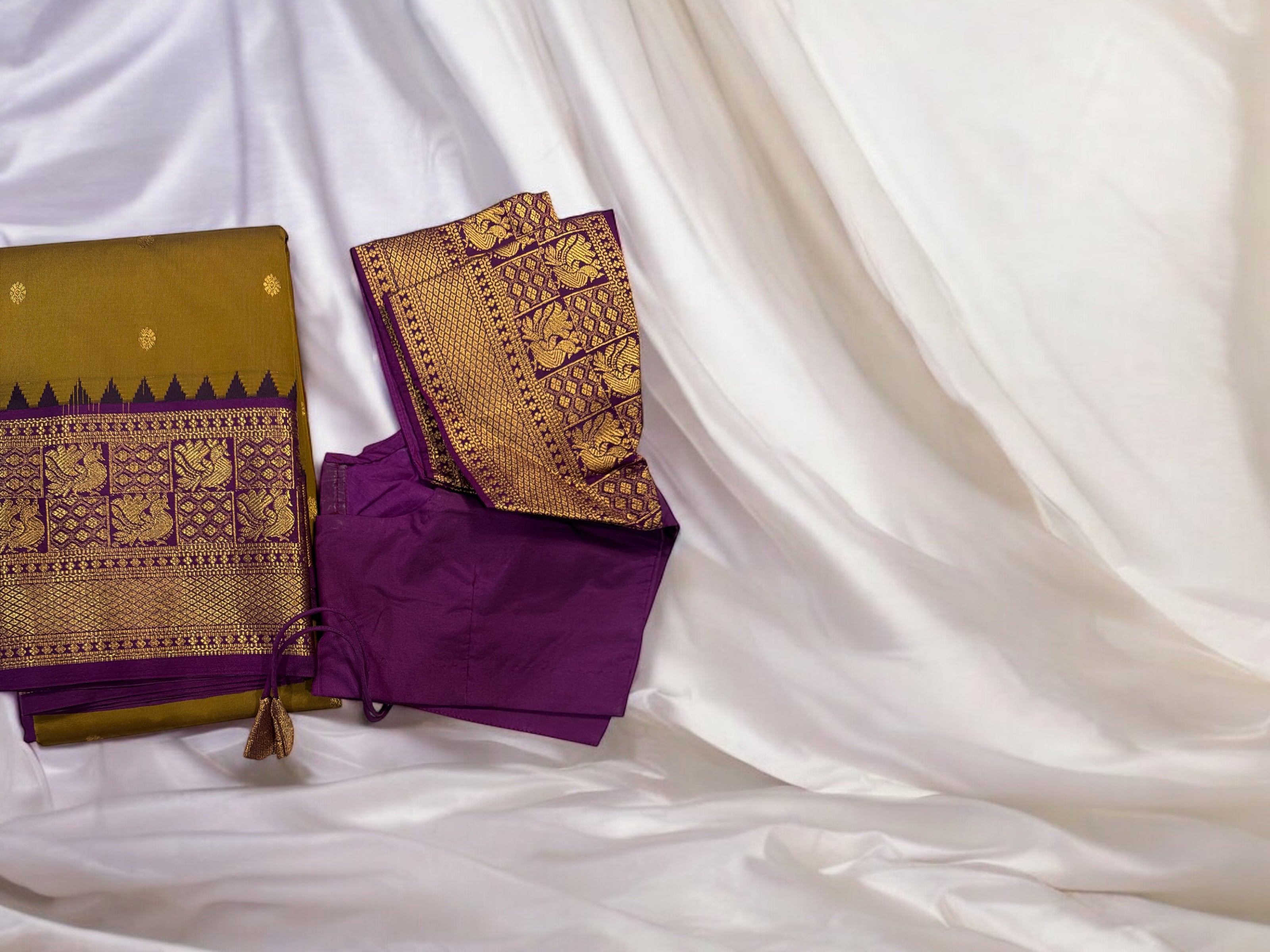 Festive Mustard Yellow & Purple Gadwal Pattu Saree with Kanchi Border | Ready-to-Wear Blouse Included