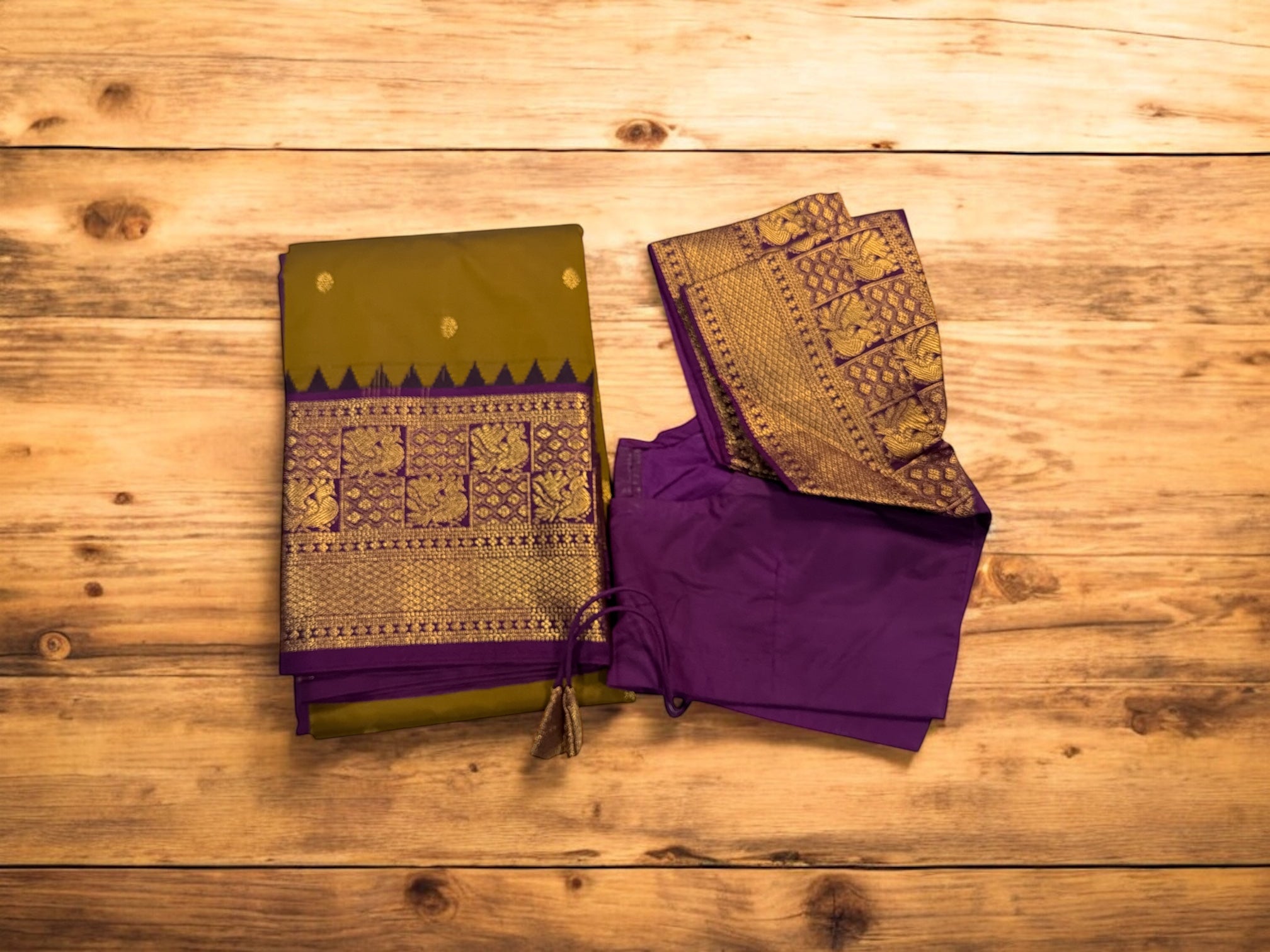 Festive Mustard Yellow & Purple Gadwal Pattu Saree with Kanchi Border | Ready-to-Wear Blouse Included