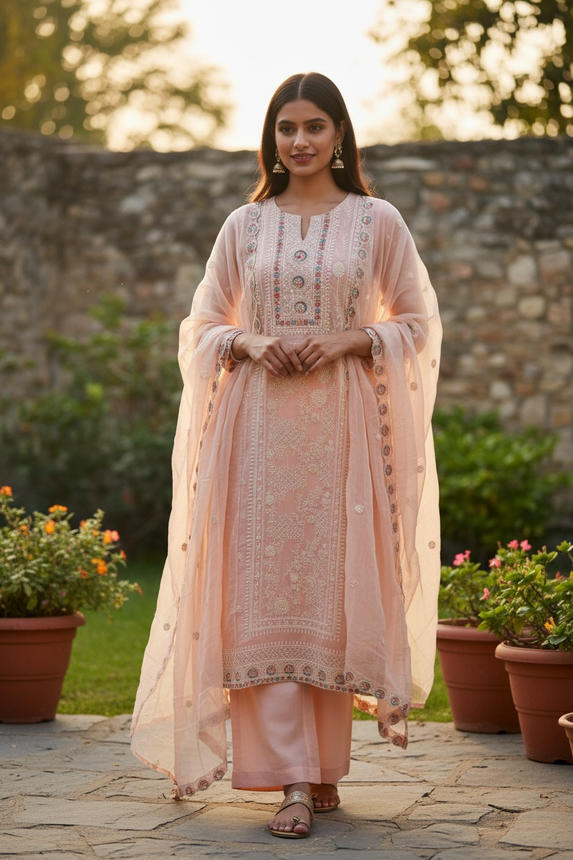 Peach color 3 piece straight Dress with scallop border Work | Festive Collection