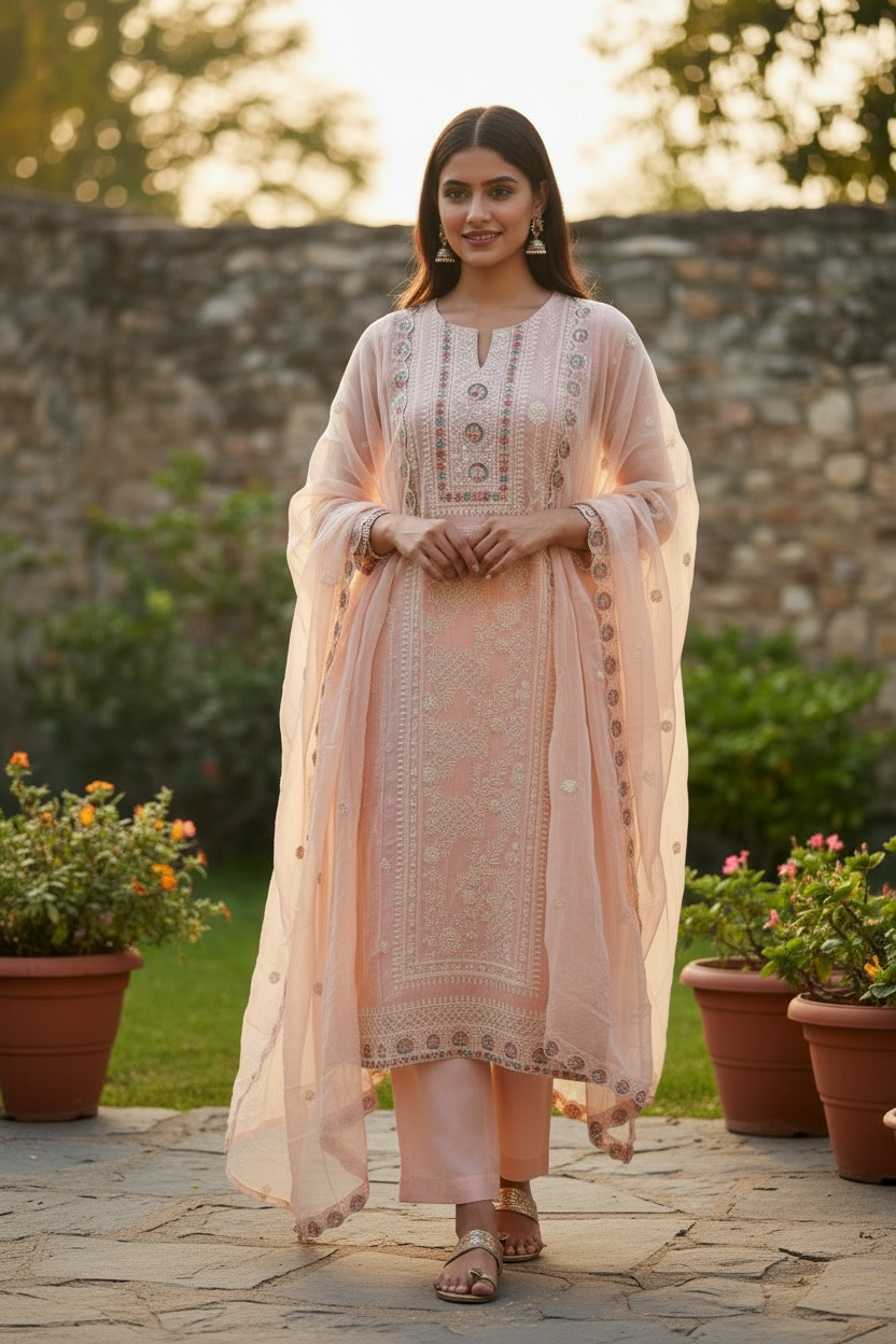 Peach color 3 piece straight Dress with scallop border Work | Festive Collection