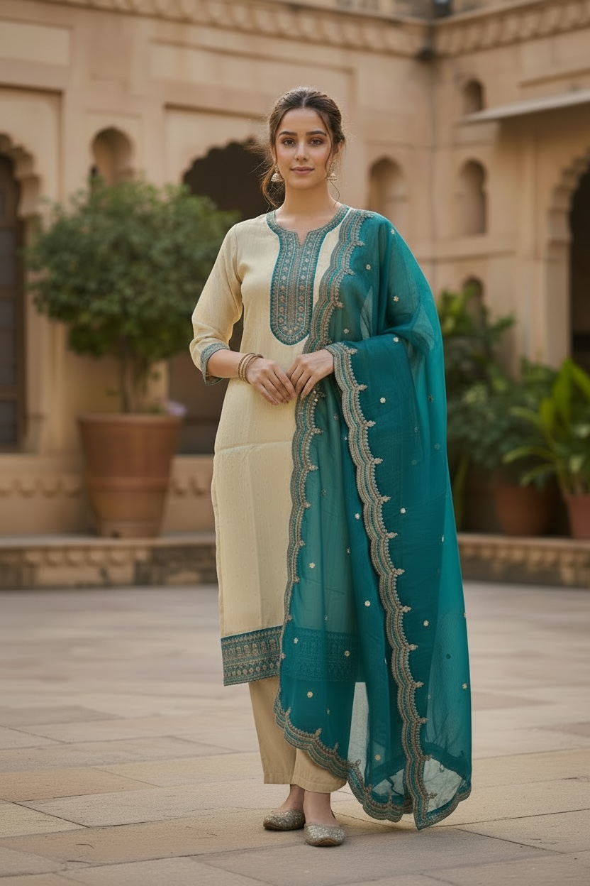 Royal White & blue 3 piece Straight Dress with scallop border Work | Festive Collection