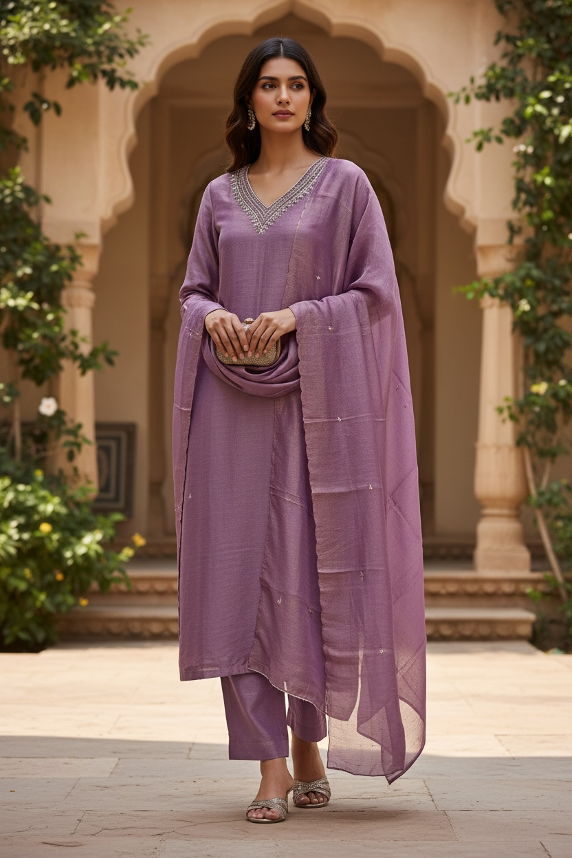 Purple color 3 piece straight Dress with scallop border Work | Festive Collection