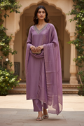 Purple color 3 piece straight Dress with scallop border Work | Festive Collection