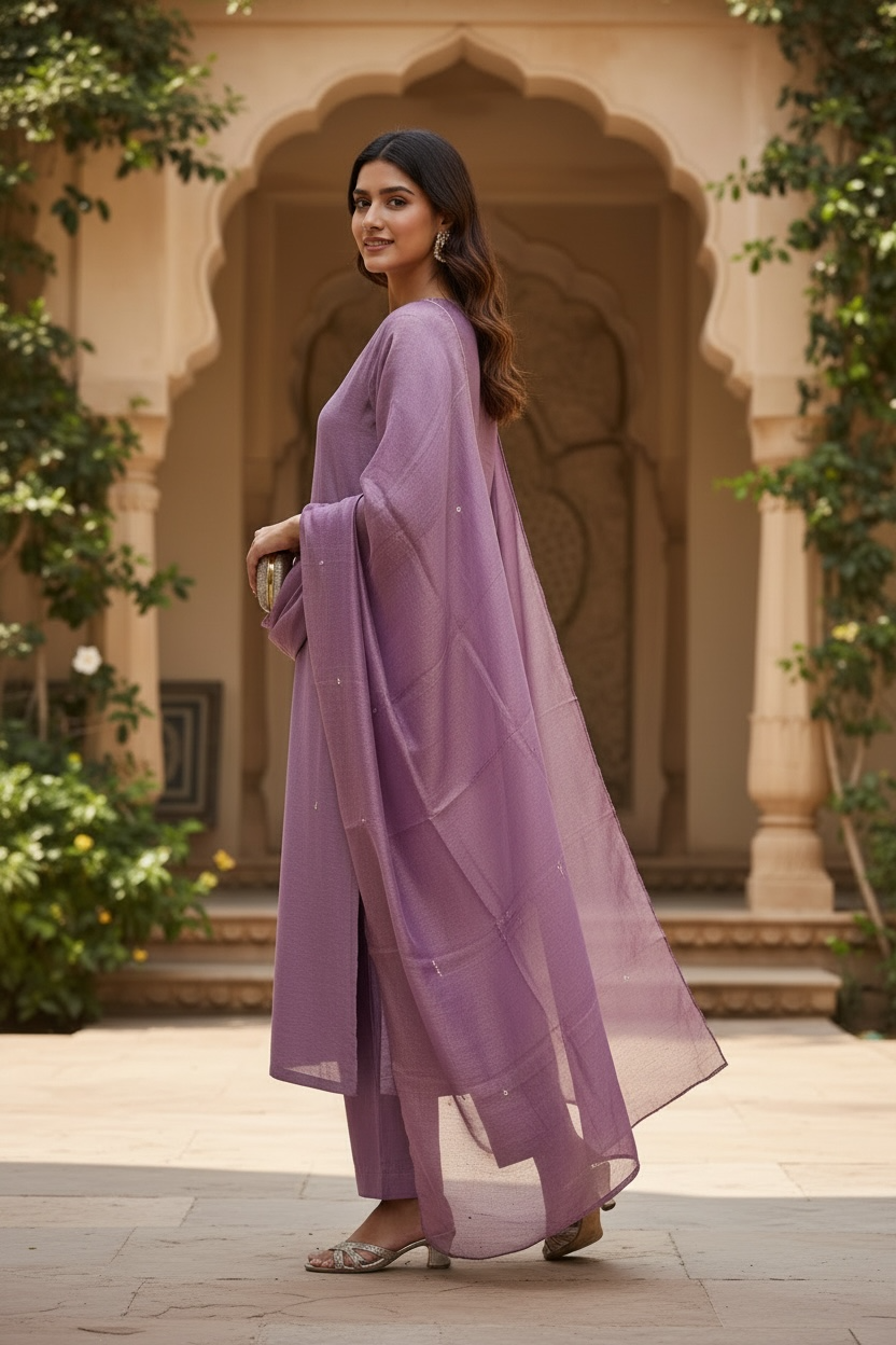 Purple color 3 piece straight Dress with scallop border Work | Festive Collection