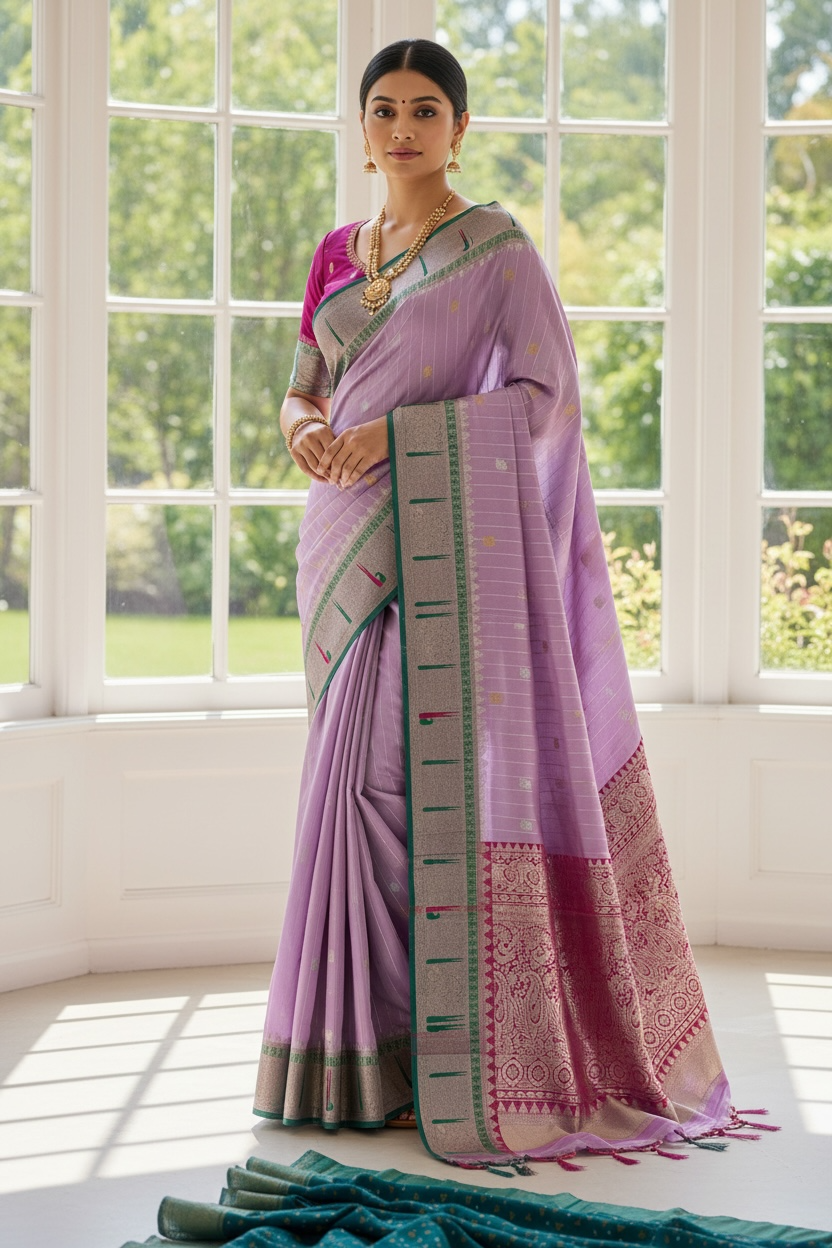 Festive Lavender & Pink Gadwal Pattu Saree with Paithani Border | Ready-to-Wear Blouse Included