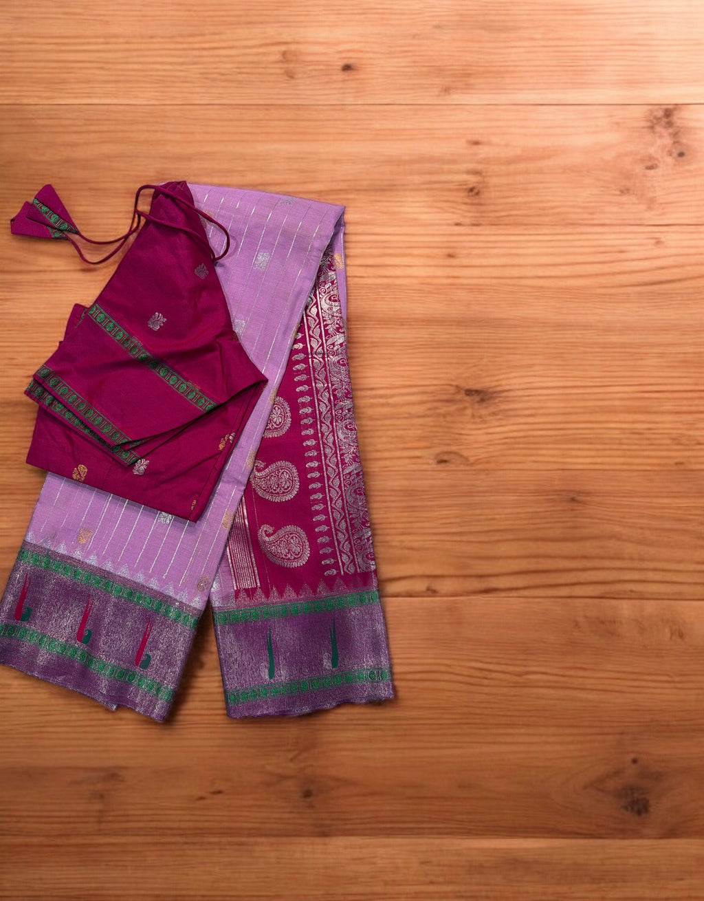 Festive Lavender & Pink Gadwal Pattu Saree with Paithani Border | Ready-to-Wear Blouse Included