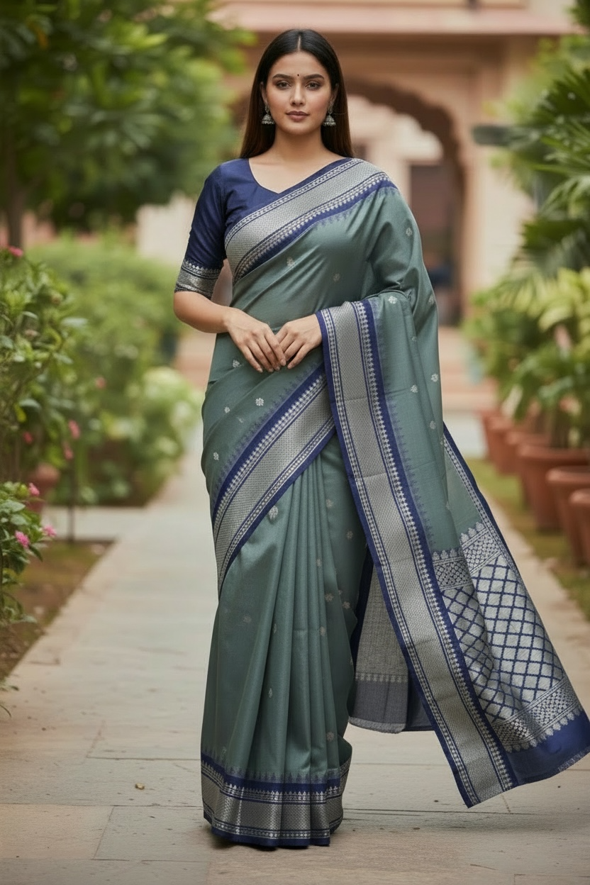 Gray color Handloom Gadwal Pattu Saree | Ready-to-Wear Blouse Included